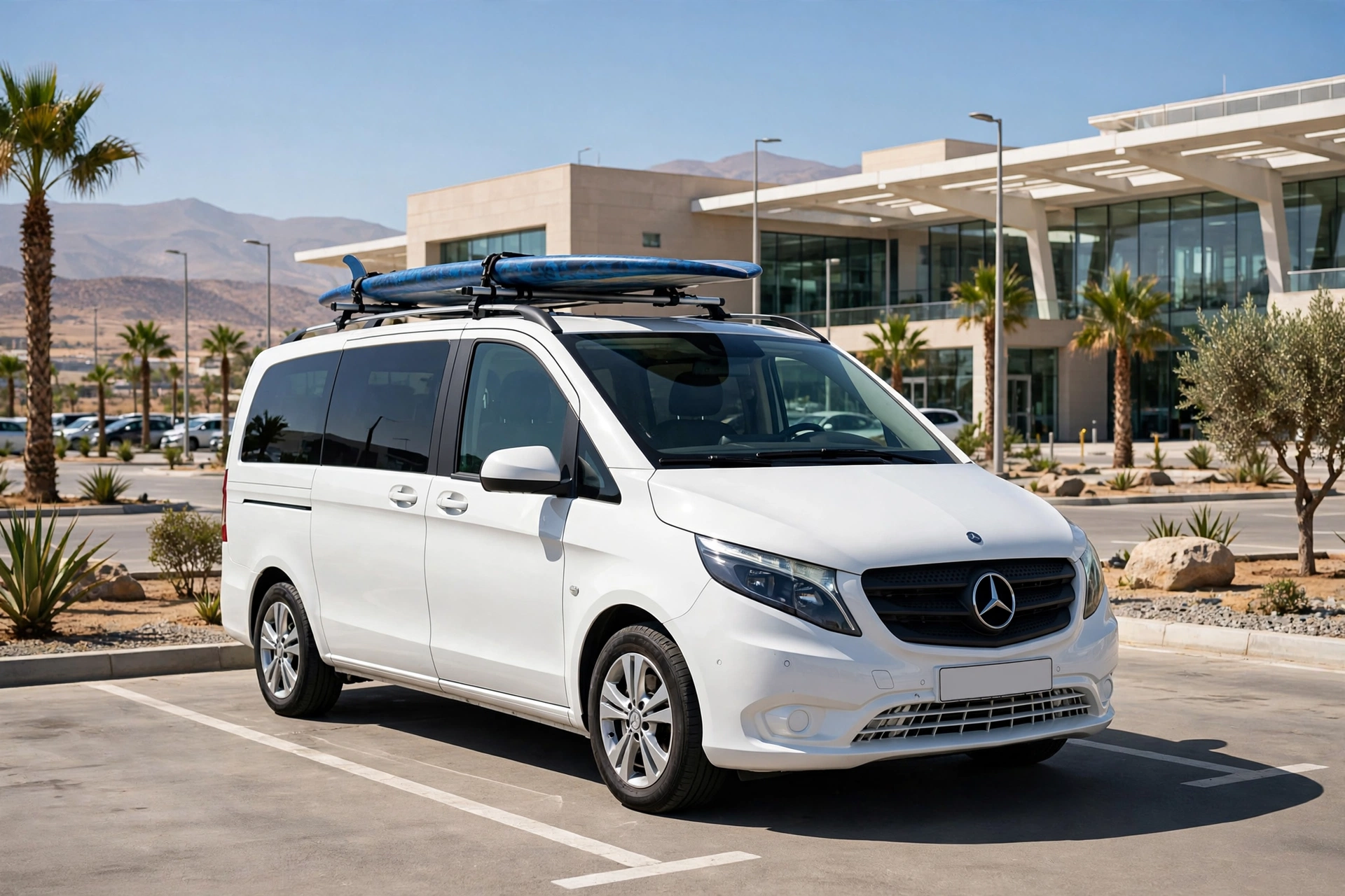 Taxi Agadir Airport to Taghazout private transfer Mercedes Vito surfboards