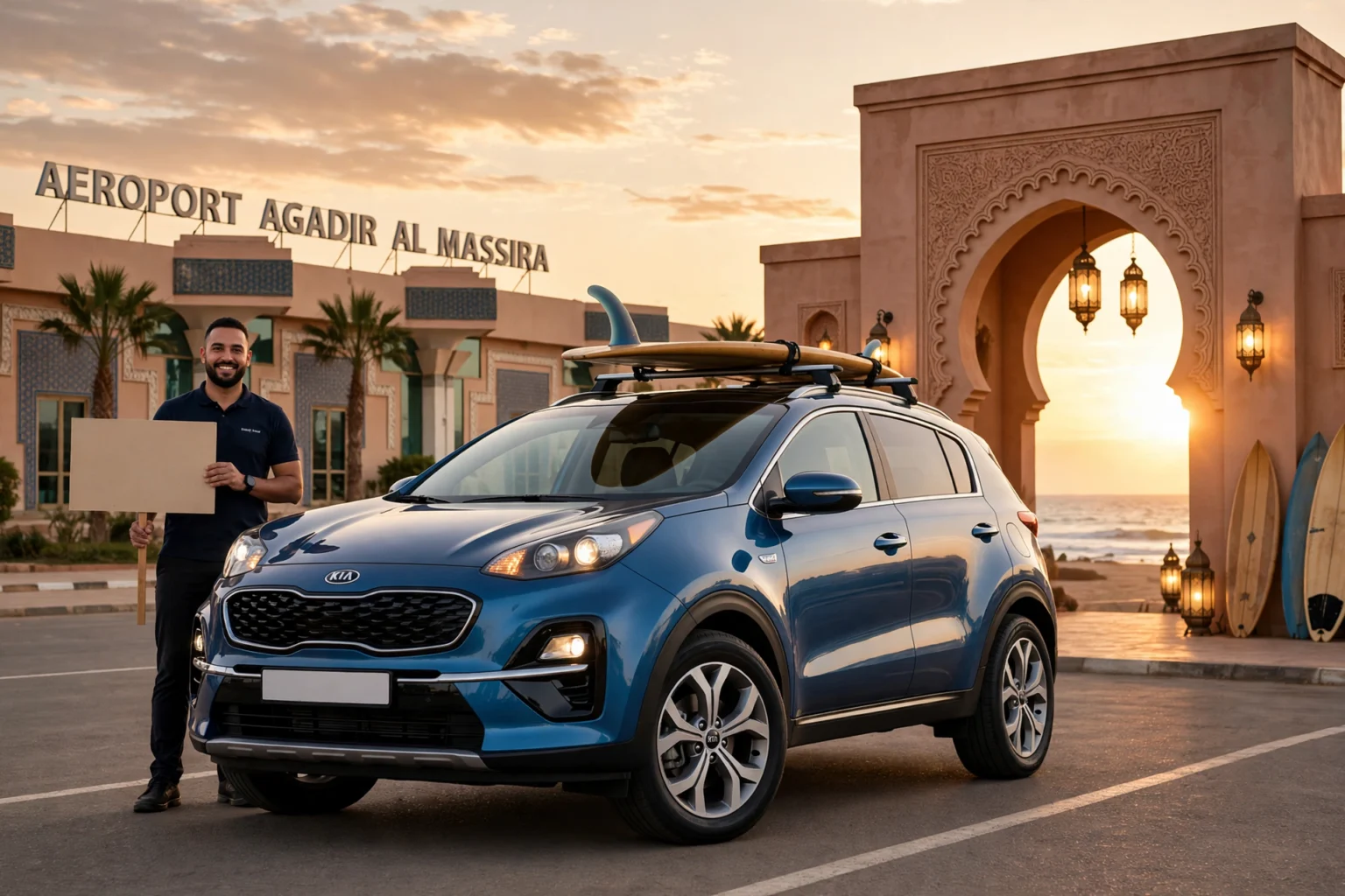 Private Taxi Agadir Airport to Taghazout 300 MAD - Kia Sportage with surfboard - Challa Taxi