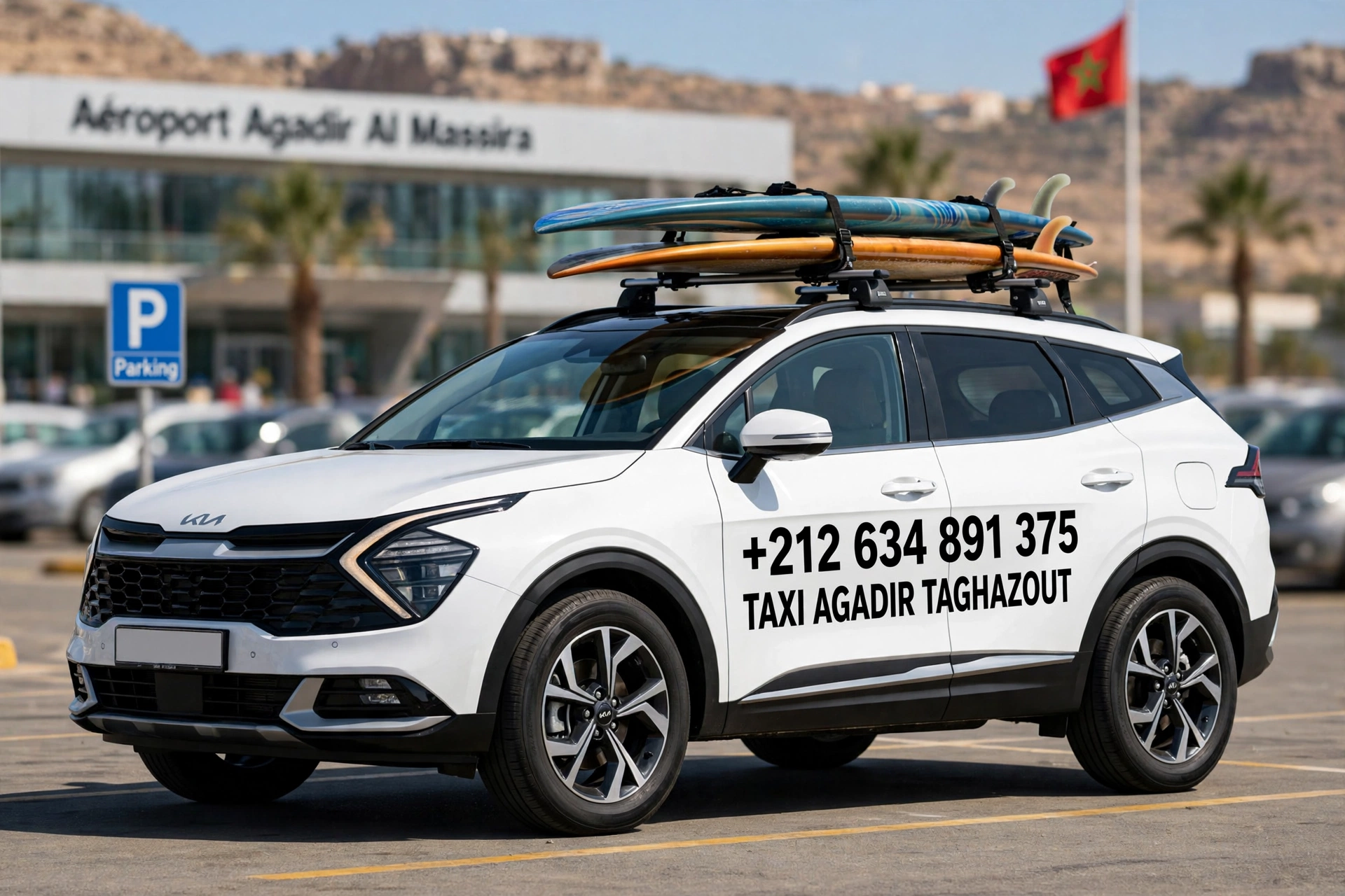 Taxi Agadir Taghazout Kia Sportage surf transfer Airport Al Massira +212 634 891 375